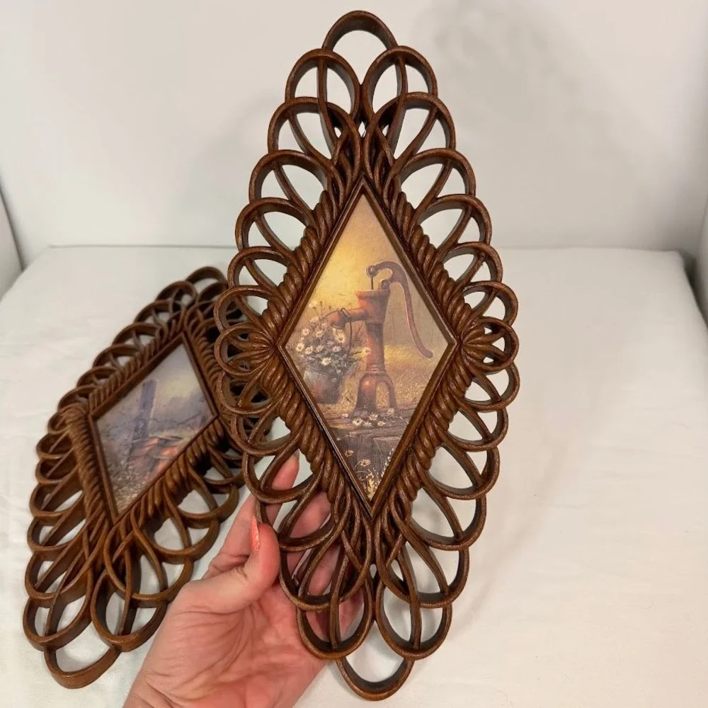 Vintage 1975 Burwood Products Co Wall Plaques Set‎ 2 Country Scenes Brown Retro